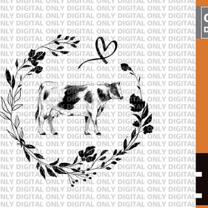 Cow in a wreath svg, love cow svg, cow svg, cow bundle, cow clipart, cow face svg, cute cow svg,cow png,cow pattern svg, floral cow svg