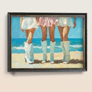 Vintage Pink and  Preppy Cowgirl Boots wall Art Print, Girly Trendy Wall Art , Cowgirl Boots Ocean Coastal, Oil Painting , Digital download