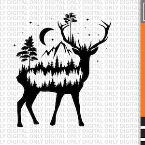 Deer svg file , cute deer bundle , deer head svg ,  Mountain deer clipart , Wilderness svg , moon svg , deer with moon and stars svg