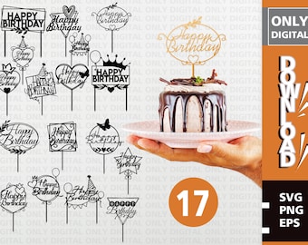 May include: A set of 17 black and white digital cake topper designs featuring the text "Happy Birthday" in various fonts and styles. The designs include hearts, stars, butterflies, and banners. The number 17 is displayed in a circle on a brown background.