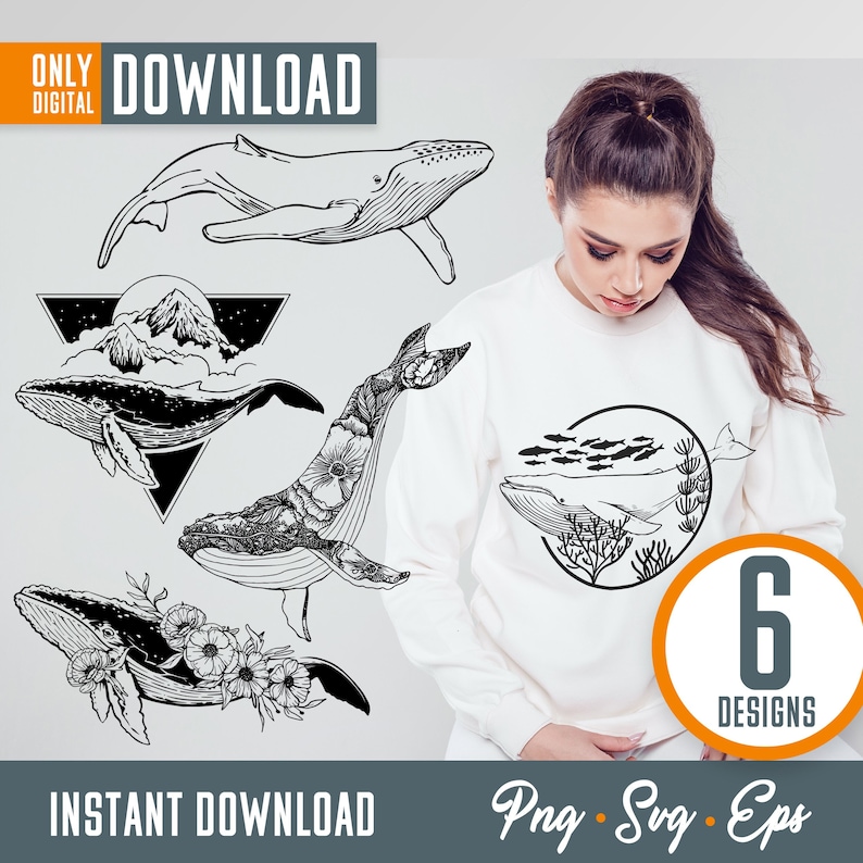 May include: Digital download featuring six whale designs in black and white. The designs include whales with floral accents, mountain scenes, and ocean themes. The text "ONLY DIGITAL DOWNLOAD" and "INSTANT DOWNLOAD" are also present.