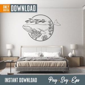 May include: A gray whale illustration inside a circle, with fish and coral, is displayed on a white wall above a bed. The words "ONLY DIGITAL DOWNLOAD" and "INSTANT DOWNLOAD" are visible.