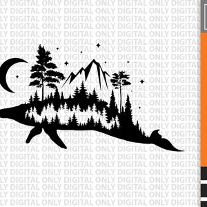 Linda ballena con luna de montaña y estrellas svg archivo , ballena svg , vector ballena , ballena svg paquete