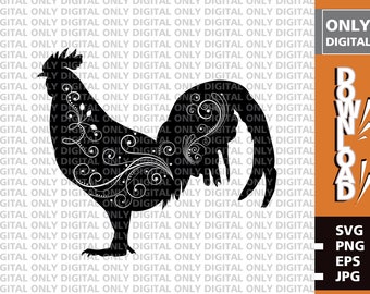 Ornate Rooster SVG, Chicken Clipart, Vector Graphics (Digital Download)