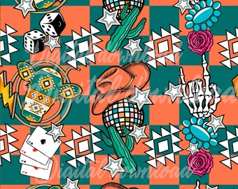 Diseño de sublimación de vaquero retro con patrón sin costuras del oeste, descarga digital