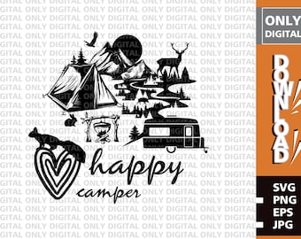 Happy Camper SVG, Mountain Scene, Camping Life (Digital Download)