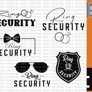 May include: Black and white graphic designs with the text "Ring Security" in various styles. The designs include a bow tie, a pair of sunglasses, a shield with a diamond, and two interlocking rings.