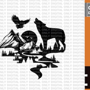 Wolf in the mountains svg, Wolf svg, wolf silhouette, wolf clipart, wolf svg file, wolf svg bundle,wolf shirt