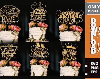 May include: Set of six gold glitter cake toppers with different designs featuring the words "Happy Birthday" and "Name".