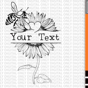 May include: Black and white line art illustration of a sunflower with a bee and a heart. The text "Your Text" is written on a banner below the sunflower.