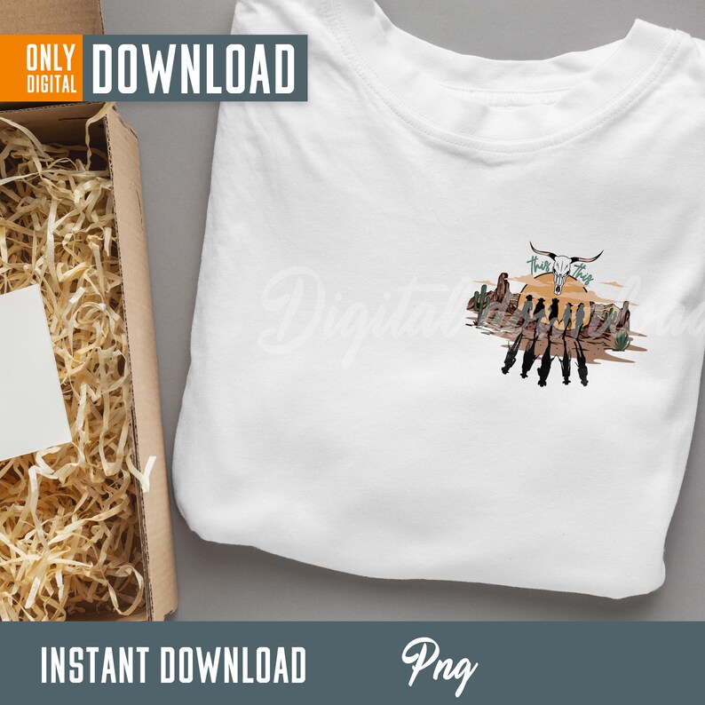 May include: A white t-shirt with a graphic design of a skull with horns, a sunset, and cacti. The text "That's the Truth" is above the skull. The graphic is in a vintage style with brown, orange, and green colors.