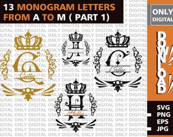 Gesplitste monogramletters A-M, alfabet SVG, PNG, EPS (digitale download)