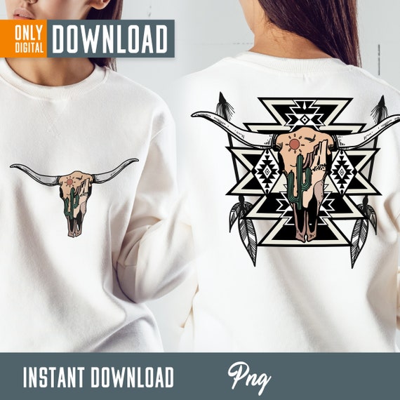 Cow Print Bull Skull PNG, Aztec Western Design (Instant Download)