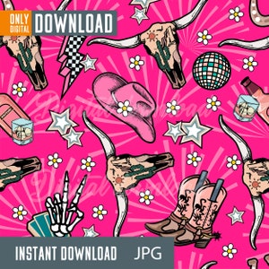 Western disco seamless pattern,western clipart, wesern sublimation design, Retro Cowboy Pattern, Digital download only