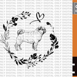 Pug in a floral wreath svg, pug in a wreath svg, love Pug svg, cure Pug svg, pug clipart, dog lover svg, pug bundle ,pug printable svg