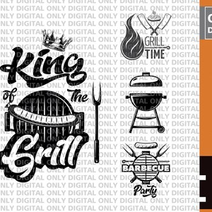 Könnte beinhalten: Schwarz-weiß-Illustration eines Grills mit einer Krone und dem Text "King of the Grill". Um das Hauptbild herum befinden sich weitere grillbezogene Bilder, darunter ein Grill, ein Spatel, eine Gabel und ein Hotdog. Der Text "Grill Time" ist ebenfalls im Bild enthalten.