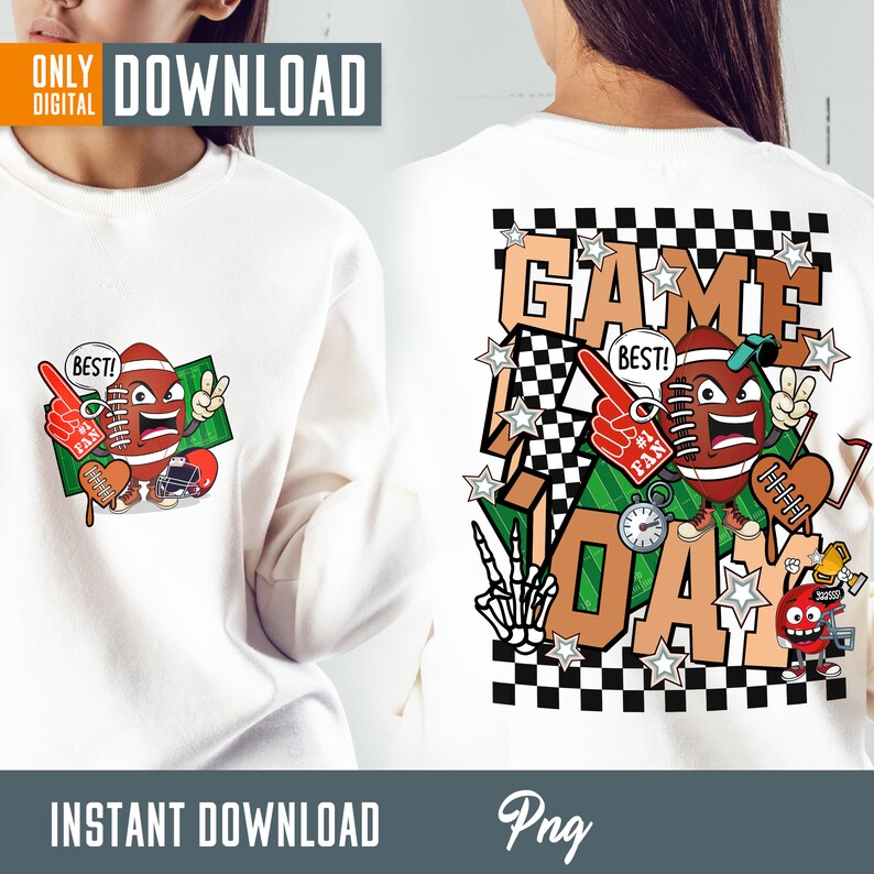 Op de afbeelding: Een wit sweatshirt met een cartoon voetbalpersonage en de tekst "GAME DAY" op de rug. Het voetbalpersonage draagt een hoed en houdt een rode schuimvinger vast. De tekst is in een zwart-wit geruit patroon met sterren en andere graphics.