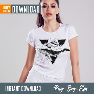 May include: White t-shirt featuring a black and white graphic of a whale, mountains, and clouds inside a triangle. The words "ONLY DIGITAL DOWNLOAD" and "INSTANT DOWNLOAD" are printed on the shirt.