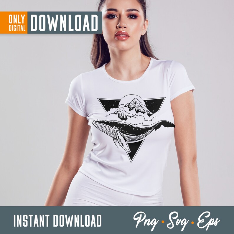 May include: White t-shirt featuring a black and white graphic of a whale, mountains, and clouds inside a triangle. The words "ONLY DIGITAL DOWNLOAD" and "INSTANT DOWNLOAD" are printed on the shirt.