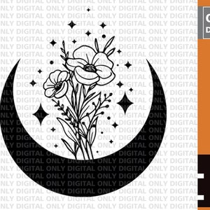 Moon Flowers SVG File, Moon Floral SVG File, moon svg , floral moon svg, crescent moon svg, digital download