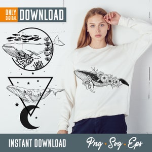 May include: Digital download featuring three whale designs. One whale design is inside a circle with fish and coral. Another whale design is inside a triangle with a moon and stars. The third whale design is on a white sweatshirt with flowers.