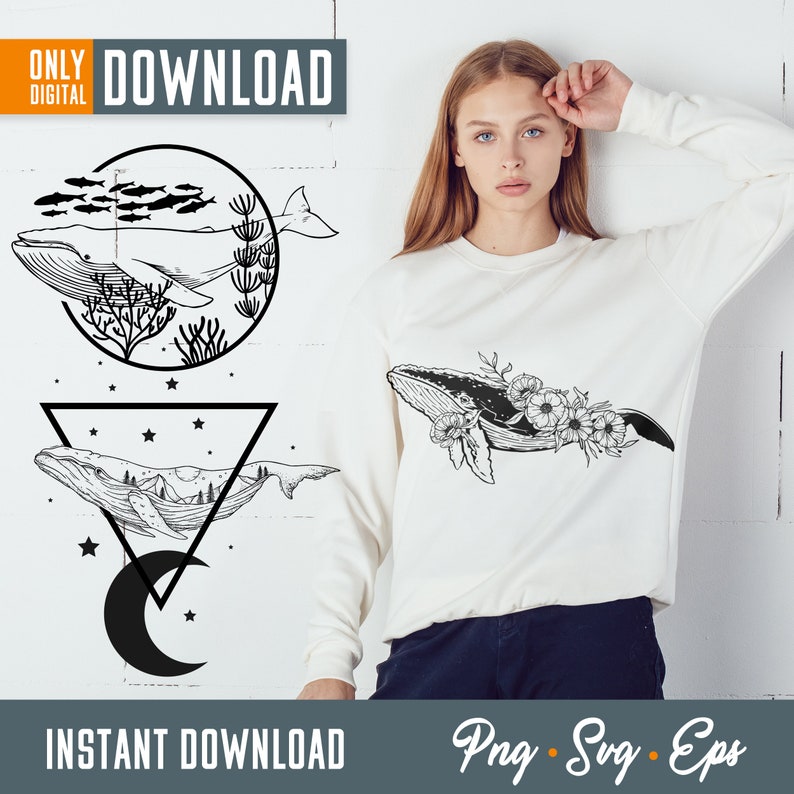 May include: Digital download featuring three whale designs. One whale design is inside a circle with fish and coral. Another whale design is inside a triangle with a moon and stars. The third whale design is on a white sweatshirt with flowers.