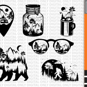 Pacote Camping Svg, montanhas svg, paisagem montanhosa, acampamento engraçado svg, natureza svg, yeti svg, urso da montanha svg, sinal de acampamento svg, digital
