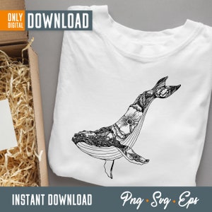 May include: White t-shirt featuring a detailed black and white illustration of a whale with floral patterns. The shirt has the words "ONLY DIGITAL DOWNLOAD" and "INSTANT DOWNLOAD" printed on it. The design includes the file types Png, Svg, and Eps.