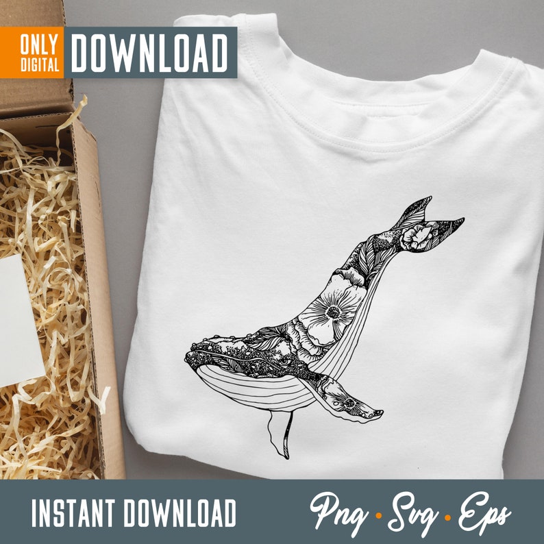 May include: White t-shirt featuring a detailed black and white illustration of a whale with floral patterns. The shirt has the words "ONLY DIGITAL DOWNLOAD" and "INSTANT DOWNLOAD" printed on it. The design includes the file types Png, Svg, and Eps.
