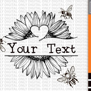 Puede incluir: Ilustración en blanco y negro de línea de un girasol con un corazón en el centro. El girasol tiene una pancarta debajo con el texto "Your Text". Hay tres abejas alrededor del girasol.