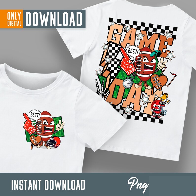 Op de afbeelding: Een wit T-shirt met een cartoon-voetbalpersonage dat een rode hoed draagt en een rode schuimvinger vasthoudt. De tekst "GAME DAY" staat op de achtergrond met een geruit patroon.