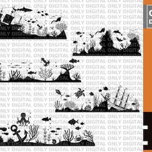 May include: Black and white silhouette of an underwater scene with a sunken ship, coral, fish, an octopus, and an anchor. The scene is set against a white background.