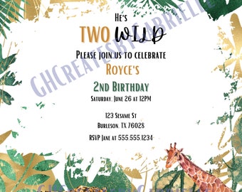 DIGITAL FILE Two Wild Theme Invitation, Two Wild, Birthday, Custom Invitation, Jungle Birthday Invitation, Safari Invitation, 2wild,