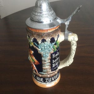 German Pewter lidded Beer Stein Mug Vintage