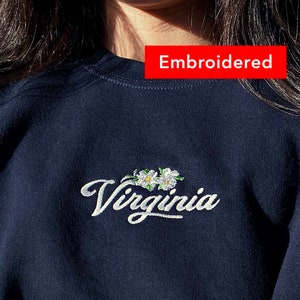 Virginia Vintage Sweatshirt, Retro Flower Crewneck Embroidered