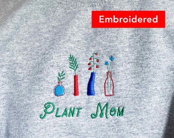 Moletom bordado "Mãe de Plantas", Gola redonda para amantes de plantas