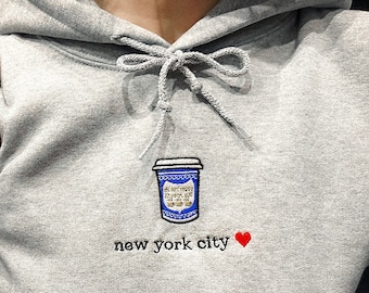 New York City Hoodie Embroidered, Vintage Gray Pullover,  Coffee Lover gift, NYC Souvenir