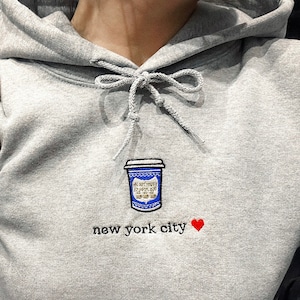 New York City embroidered hoodie vintage, New Yorker Gift, I love New york, NY Coffee Cup souvenir, coffee lover gift