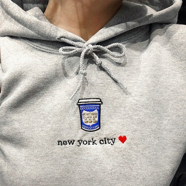 New York City embroidered hoodie vintage, New Yorker Gift, I love New york, NY Coffee Cup souvenir, coffee lover gift