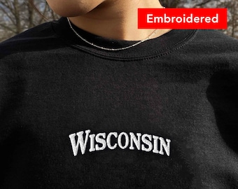 Vintage Wisconsin sweatshirt embroidered crewneck, university state sweater, student gift