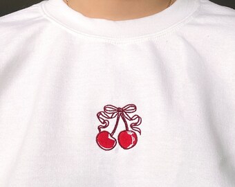 Embroidered Cherry Bow Sweatshirt, Coquette Crewneck, Girly Jumper