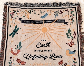 Floral Christian Woven Throw Blanket, Psalm 33:5, Cotton Decor (50x60")