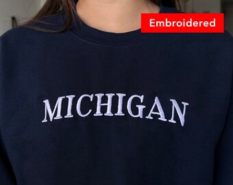 Michigan Sweatshirt Vintage Crewneck, Embroidered State Sweater Unisex Retro College Gift