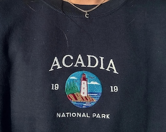Embroidered Acadia National Park Sweatshirt, Maine Lighthouse Crewneck