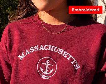 Vintage Massachusetts sweatshirt embroidered,  state crewneck, boston gift, crimson sweater, custom massachusetts, university college
