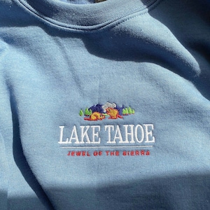 Lake Tahoe Sweatshirt, mountain crewneck embroidered, vintage nature graphic sweater