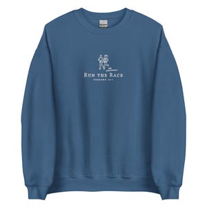 Run the Race | vintage Christian Sweatshirt embroidered, Bible Verse Crewneck, inspirational Religious Sweater gift, retro sport pullover