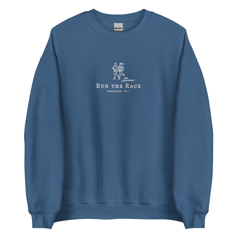 Run the Race | vintage Christian Sweatshirt embroidered, Bible Verse Crewneck, inspirational Religious Sweater gift, retro sport pullover