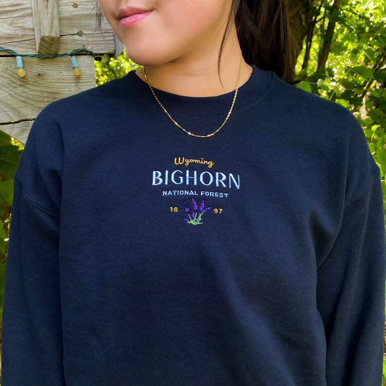 May include: Black sweatshirt with an embroidered design featuring the text "Wyoming BIGHORN NATIONAL FOREST" and the numbers "18 97" with a purple flower graphic.
