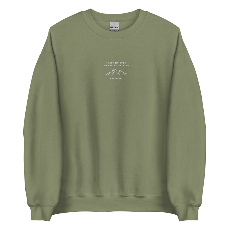 May include: A green sweatshirt with the text "I lift my eyes to the mountains" and "Psalm 121" in white.
